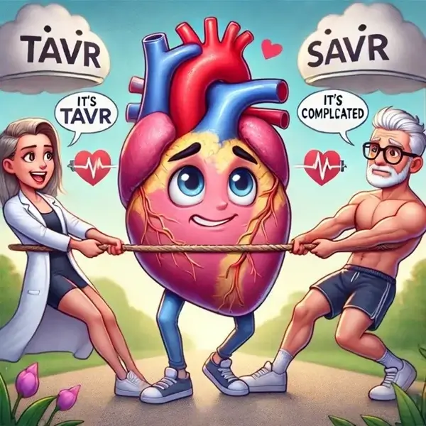 A playful and anthropomorphized cartoon of a human heart is depicted standing in the middle of a tug-of-war. The heart has a nervous but cute expression, wearing sneakers, as it is being pulled in opposite directions by two characters representing different medical procedures.

On the left, a cheerful and youthful female doctor in a white coat is pulling the rope, advocating for TAVR (Transcatheter Aortic Valve Replacement). A speech bubble above her reads, "It's TAVR." The sky above her side has a fluffy cloud labeled "TAVR" with a heart and heartbeat symbol.

On the right, a muscular older man with white hair, a beard, sunglasses, and gym shorts is pulling the rope in favor of SAVR (Surgical Aortic Valve Replacement). His speech bubble reads, "It's complicated." The sky above him contains a cloud labeled "SAVR" with a similar heart and heartbeat symbol.

The background is a bright outdoor setting with a green landscape and blue sky, adding to the lighthearted and fun tone of the illustration.

This cartoon humorously represents the medical debate between TAVR and SAVR, with the heart caught in the middle as doctors and surgeons weigh the best treatment option for aortic stenosis patients.